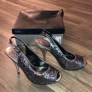 City Streets multicolored slingback glitter heels